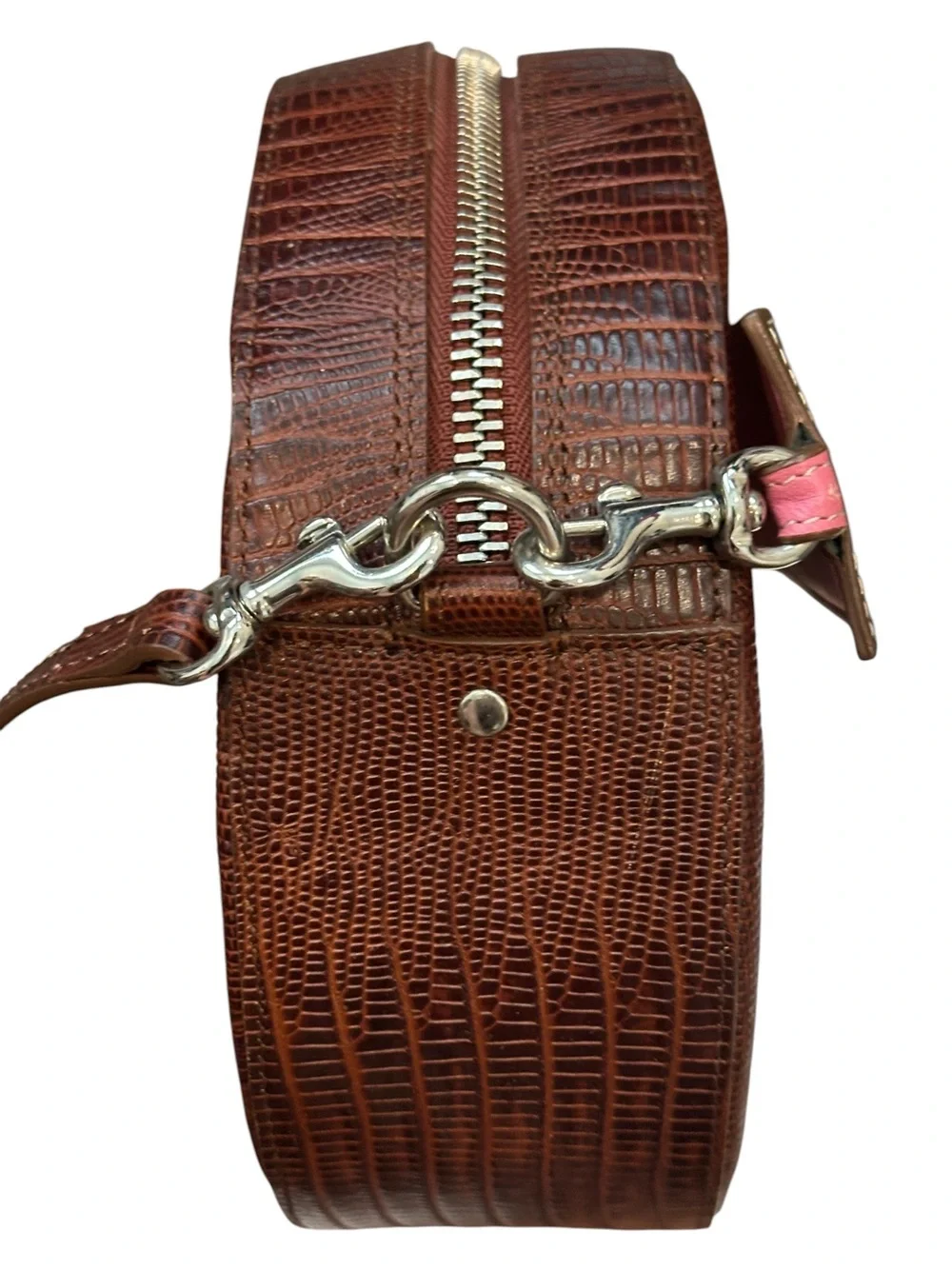 Little Liffner Croc-Embossed Leather Tambourine Circular Crossbody Cognac Brown